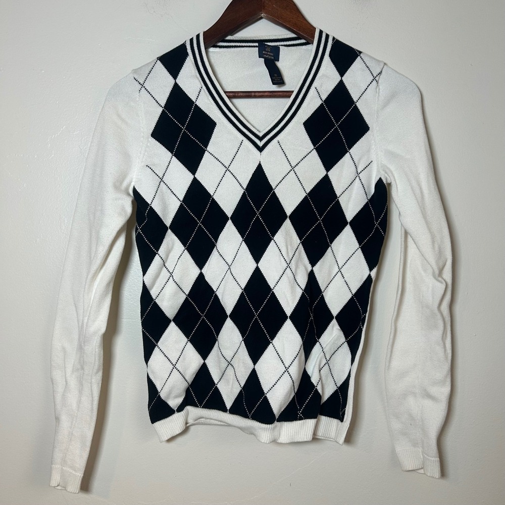 Brooks Brothers Womens XS Argyle V Neck Sweater White‎ Black Supima Cotton